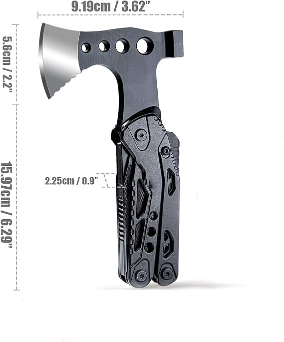 Axe,Hammer, Nail Claw, Pipe Grip Pliers and Wire Cutter, Needle-nose Pliers, Knife, Saw, Serrated Knife, File, Multi Tool Survival Gear with Axe Hammer Pliers Saw Screwdrivers Bottle Opener