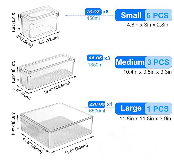 food, eggs, or other items. Keep your produce fresh and extend the shelf life of food in the fridge with our tray and dripping hole design at the bottom. 10-Pack Fridge Organizers and Storage - Stackable Refrigerator Bins with Lids