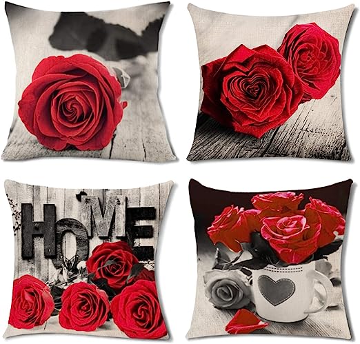 Red and Black Rose Flower Accent Pillow Cover for Couch Patio Furniture Sofa Covers 18x18 Set of 4,