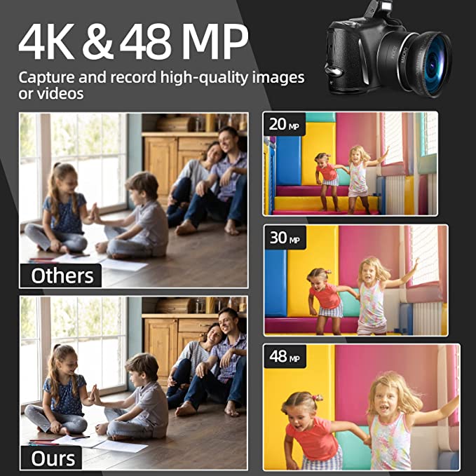 Monitech Digital Camera 4K 48MP Vlogging Camera, Camera for Photography with a Batterie,32GB SD Card, 16x Digital Zoom, 3.0 inch Screen,Compact Camera for Beginners