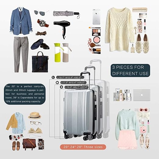 24inch luggage is perfect for business and personal travel, 28in is expandable add 15% to the scalable space. TSA Lock Spinner 20in24in28in