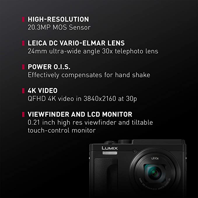 PANASONIC LUMIX ZS80 20.3MP Digital Camera, 30x 24-720mm Travel Zoom Lens, 4K Video,3inch display with Lecia Lens-Black