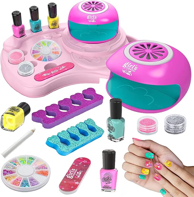 - The nail polish in the toy is a water-based nail polish, When girls want to change the color or style of their nails, Art Kit for Girls, Kids Nail Polish Play Set with Nail Dryer, Washable Make Up Sets for Girls, Nail Studio