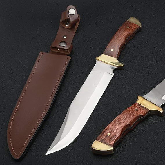 Classic design handle made of rosewood, provides comfortable grip and balance with brass pommel / guard, Fixed Blade Wood Handle with Leather Sheath