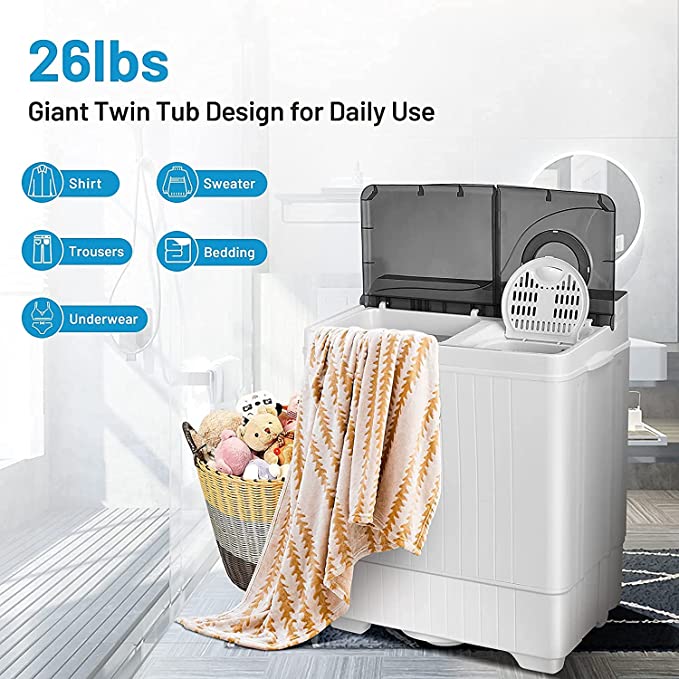 Washing Machine Semi-automatic, 28.5lbs Twin Tub Washer and Spin Dryer, Portable Laundry Washer with Built-in Drain Pump & Control Knobs, Semi-automatic Washing Machine for Apartment