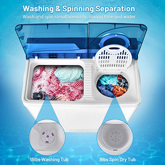 Twin Tub Washer with Spin Dryer, 26lbs Capacity, Built-in Drain Pump, Portable Laundry Washer