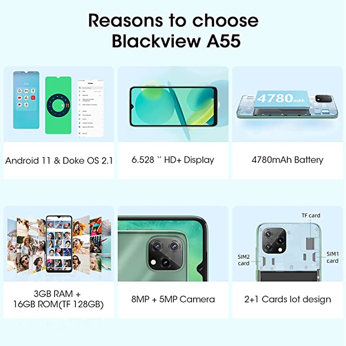 Cell Phone Unlocked,Blackview A55 Android 11 Unlocked Cell Phones Canada,4780mAh Large Capacity Battery Telephone Unlocked,3GB+16GB ROM/TF Card 128GB 4G Unlocked Smartphone,Face ID,6.5