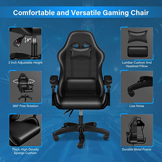 Gaming Chair, Office Computer Chair Ergonomic Racing Leather Reclining Desk Chair with Lumbar Support and Adjustable Armrests