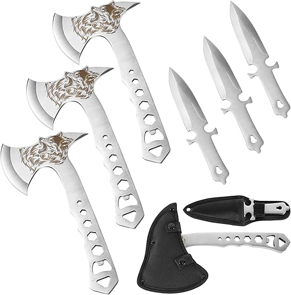 Throwing Axes and Tomahawks set is equipped with 3 pack throwing axes. Each throwing hatchet weighs only 265g, Set with Bottle Opener and Nylon Sheath, 10in Throwing Hatchet Axe for Adults