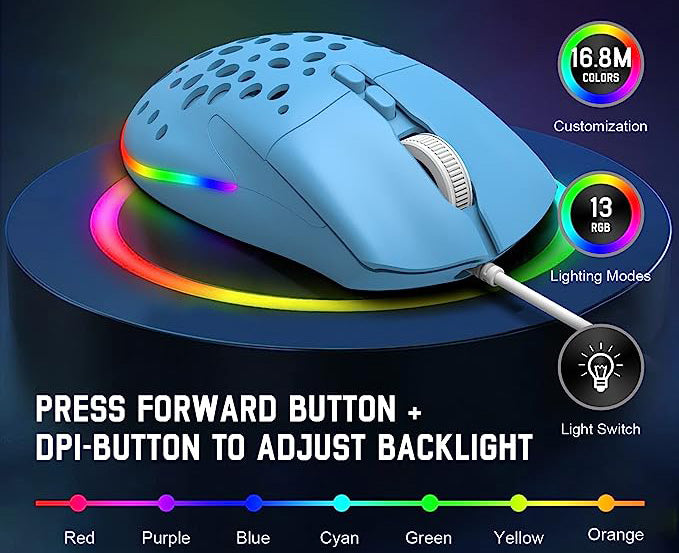 Honeycomb Shell,RGB LED Lightweight Smooth Glide PTFE Feet, Hyperflex USB Cable, 800 to 8000 DPI, Model D19 RGB