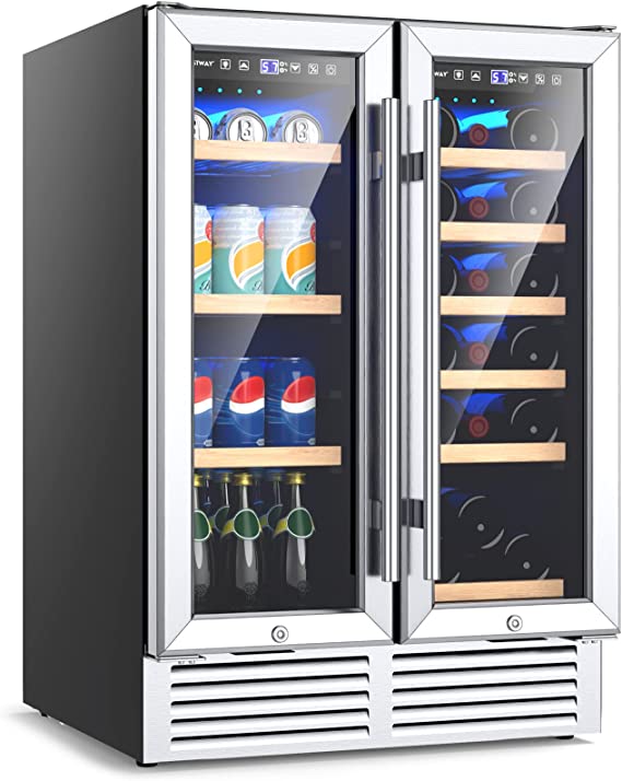 24 Inch Wine and Beverage Refrigerator Cooler, 19 Bottles and 57 Cans Dual Zone Beverage Fridge Cellar with Memory Temperature Control, 2 Safety Lock, LED Light, Built-In or Freestanding 2-in-1