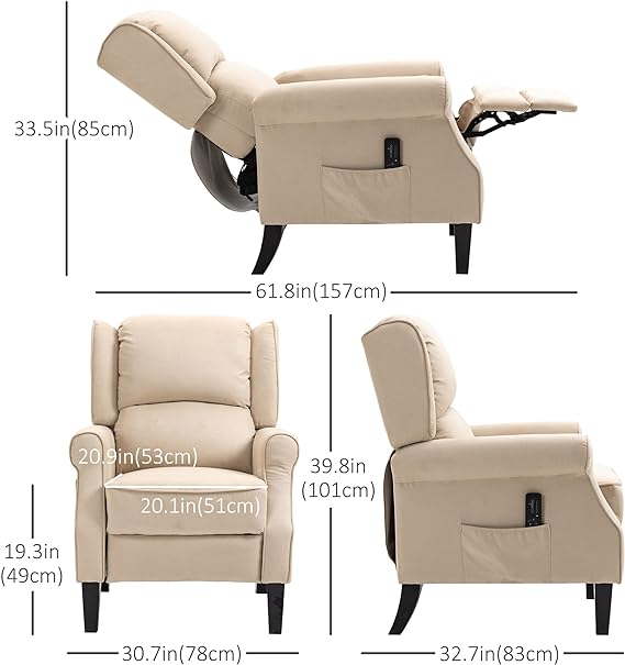 Chair with Extendable Footrest, Remote Control, Side Pockets,Chair for Living Room, Push Back Recliner Sofa, Wingback Reclining