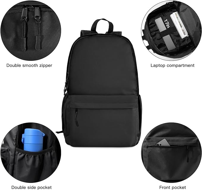 Backpack Classic Basic Backpack Lightweight Bookbag for College, The side pockets can hold water bottles and umbrellas.