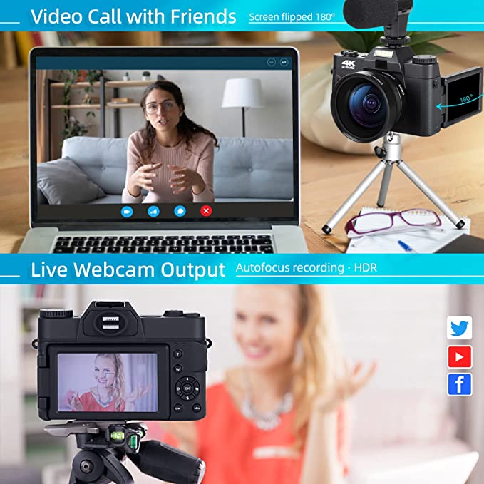 Monitech 4K Digital Cameras for Photography, Video Camera with Wide-Angle & Macro Lenses, Flip Screen vlogging Camera for YouTube, External Microphone, 16X Digital Zoom Camera,32GB TF Card