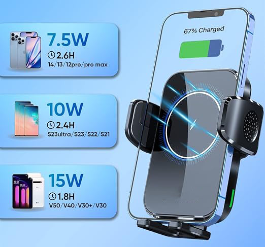 The car mount phone holder wireless charger allows you to easily switch the phone from vertical to horizontal.  Windshield Dashboard Car Phone Mount Compatible with iPhone 14/13/12/11/Pro Max Xs,