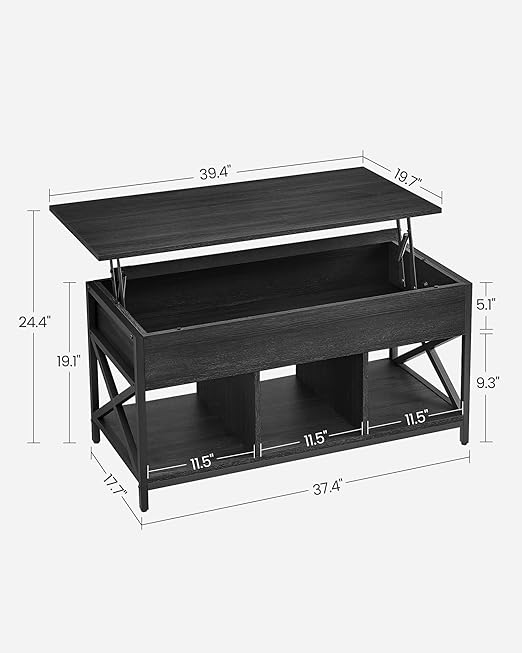 24.4 inches and make it easy to work from home, enjoy a meal, do crafts, or play games while sitting comfortably on your couch,Hidden Compartments and Storage Shelf, 19.7 x 39.4 x (19.3-24.4) Inches, Black with Wood Grain