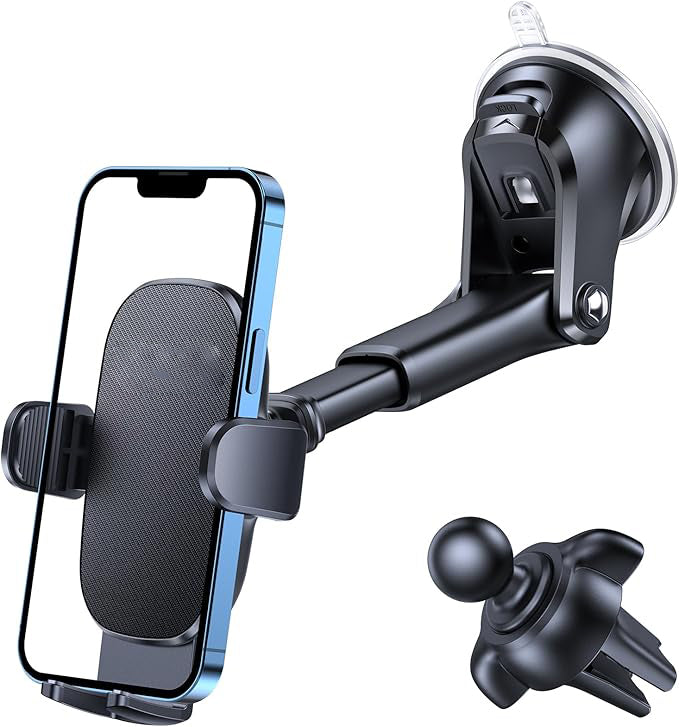 A strong suction cup securely locks on your windshield or dashboard to keep your smartphone safe and sound while you take calls and view navigation instructions, Phone Holder Windshield/Dashboard/Air Vent,