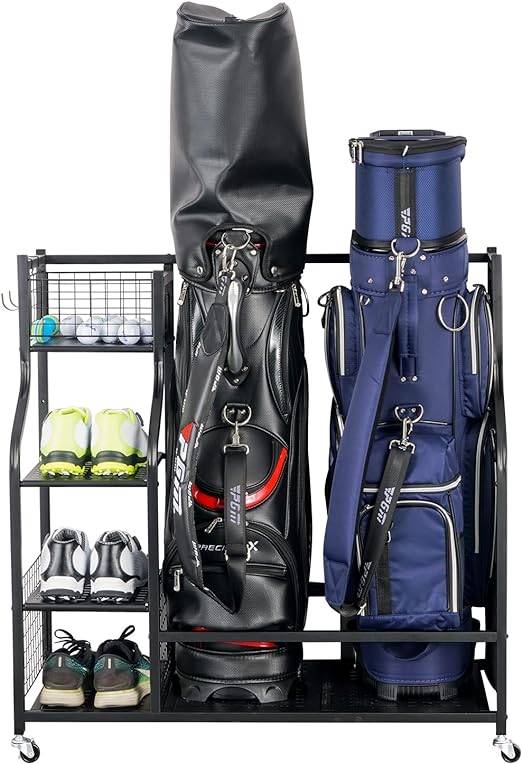The golf organizer for garage is made of high-quality metal with powder coating that stops chipping, Golf Bag Organizer, Golf Rack, Golf Equipment Storage,