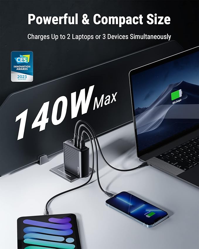 GaN Power IC & the latest PD 3.1 & QC 5.0 & PPS charging protocols, provide smaller size and higher power. USB C Charger, 3-Port PD 3.1 GaN Laptop Charger Block Fast Charger