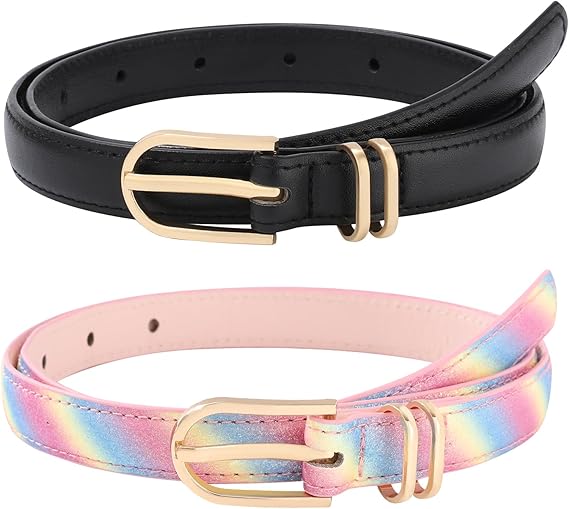 The kids belt is made of high-quality soft PU leather, which is light and comfortable to wear,  2 Pack Toddler Girls Skinny Leather Belts for Jeans