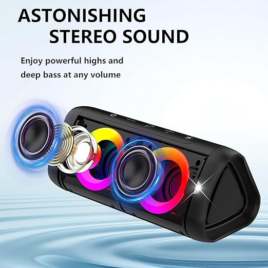Provide an immersive stereo sound experience for all music, gaming, and movie lovers, Bluetooth Speaker with Lights, 30W Stereo Sound, Bass Boost, IPX5 Waterproof, 20H Playtime, Portable Wireless Speaker with Built-in Mic, for Party