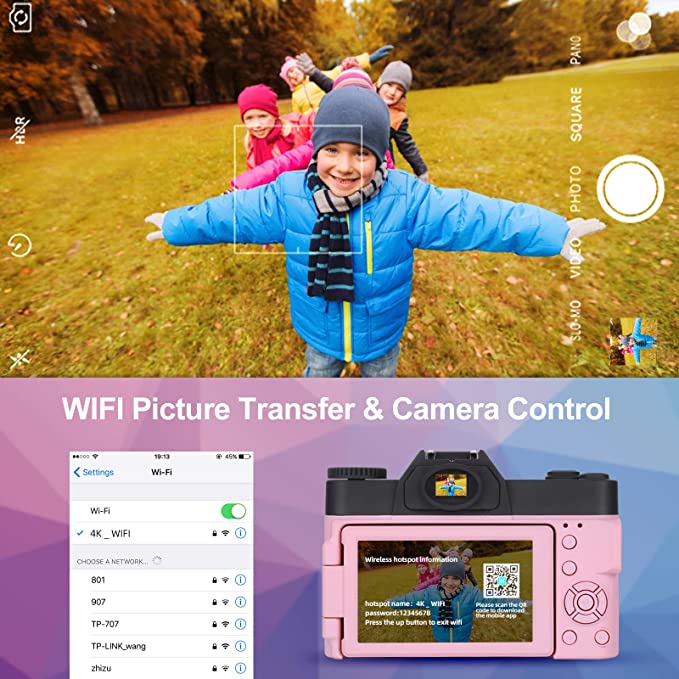 Monitech 4K Digital Cameras for Photography, 16X Digital Zoom Camera, Video Camera with Wide-Angle & Macro Lenses, Flip Screen vlogging Camera for YouTube, External Microphone, 32GB TF Card - Pink