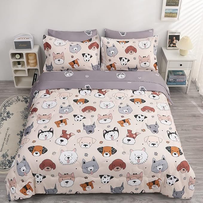 Cartoon vivid multi-color dog pattern print design features various dog species in vibrant colors to give a very lively and adventurous look to the kid’s bedroom