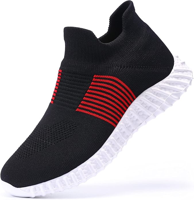 slip-resistant design and solid EVA sole cover high impact zones for durability with less weight, Breathable Lightweight Athletic Running Walking Slip On Sneakers