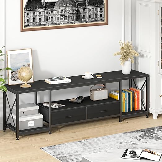 this TV stand ensures secure and stable support for your TV, providing peace of mind and reliability, Entertainment Center and Industrial TV Console Table with Open Storage Shelves for Living Room