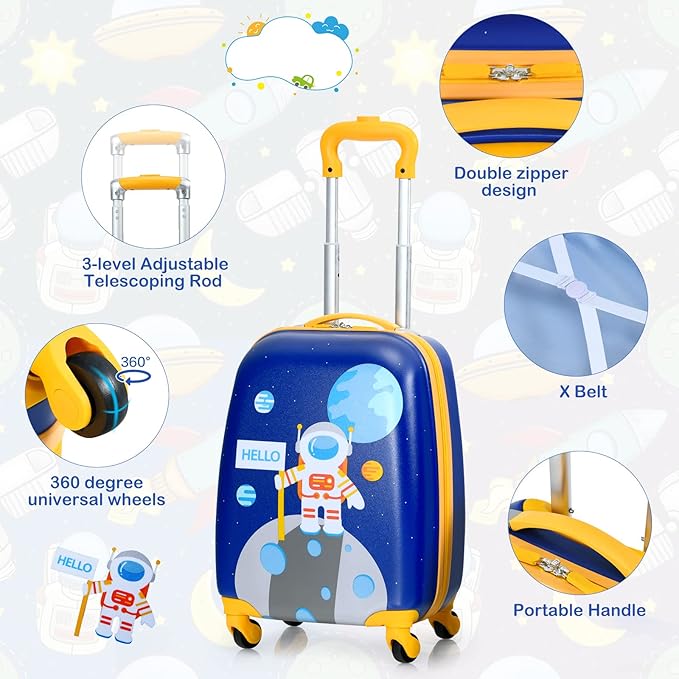 and they will gain hands-on ability and responsibility while enjoying this process.Suitcase, Children Rolling Luggage w/Wheels, Retractable Handle &4 Casters, 2Pcs Carry On Luggage Set