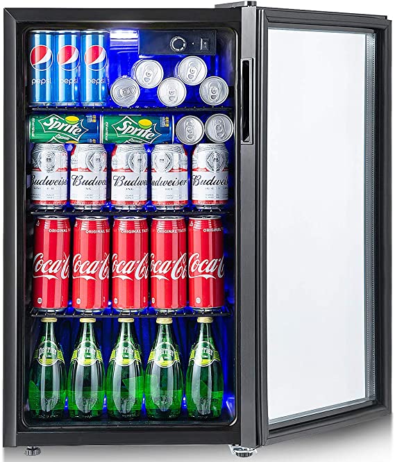 120-Can Mini Fridge 3.2 Cu.Ft Beverage Center for Beer Pop Soda w/Glass Door & Adjustable Shelving, Blue LED Light,