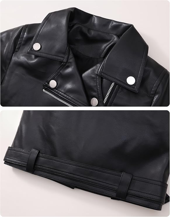 Designed with a convenient zip-up closure, this moto jacket is easy to put on and take off, allowing for hassle-free dressing.  Girls Faux Leather Jacket for Kids Motorcycle Biker Leather Jackets