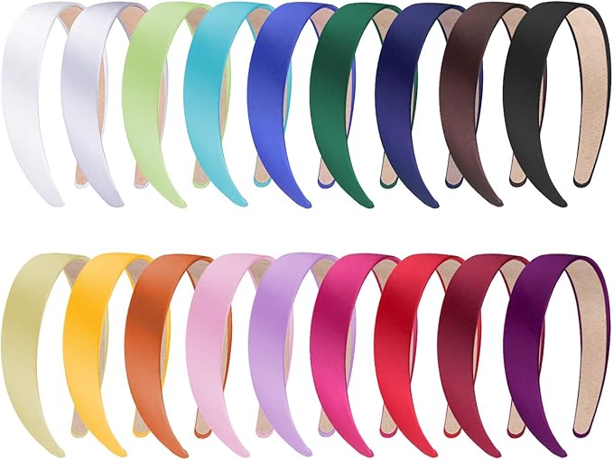 colorful satin headband with simple plain design, inside with soft cloth, help you fix your hair tightly and anti-slip, 18 Pcs Fashion Headbands for Women Girls, 1 Inch Satin Headbands Wide Non-slip Headband DIY