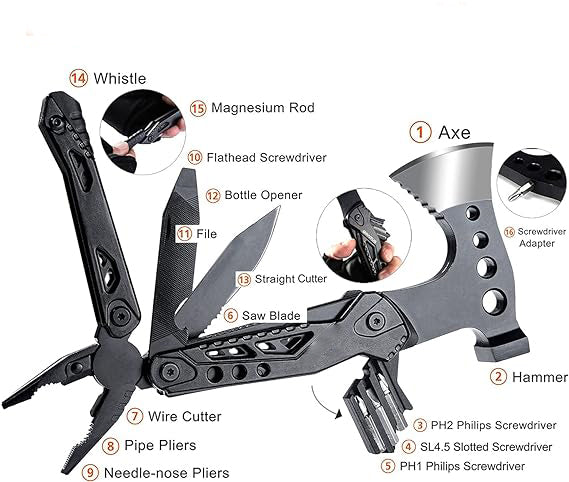 Axe,Hammer, Nail Claw, Pipe Grip Pliers and Wire Cutter, Needle-nose Pliers, Knife, Saw, Serrated Knife, File, Multi Tool Survival Gear with Axe Hammer Pliers Saw Screwdrivers Bottle Opener
