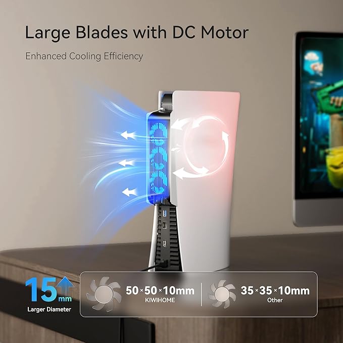 helping your device stay cool and run smoothly. There are 2 fan settings: Low and High.Horizontal Cooling Fan for PS5, Upgraded Quiet Cooler Fan with LED Light and USB3.0 Hubs for PS5 Disc and Digital Edition,