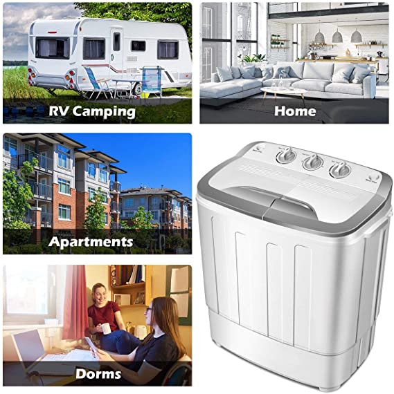 Clothes Washing Machines,SAFEPLUS Compact Mini Twin Tub Versatile Washer Machine with 8 lbs Washing &5 lbs Spin Dryer Load Cappacity Gravity Drain Pump and Drain Hose for Apartment