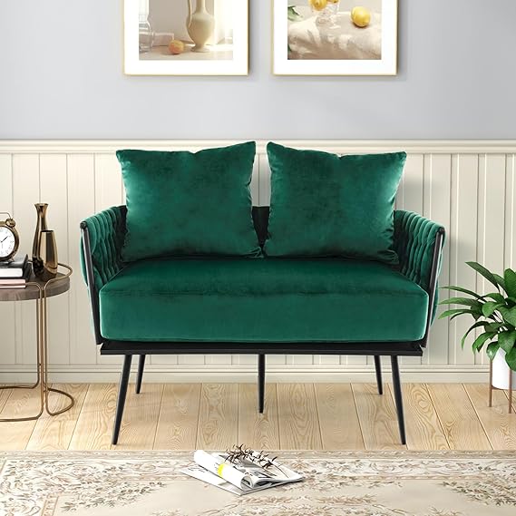 The seat cushion is attached to the sofa by hook & loop fastener, Loveseat and the 2 thick pillows are removable.  2-Seat Sofa with 2 Back Pillows, Woven Backrest & Armrest, Mid Century Modern Dutch Velvet Sofa for Living Room