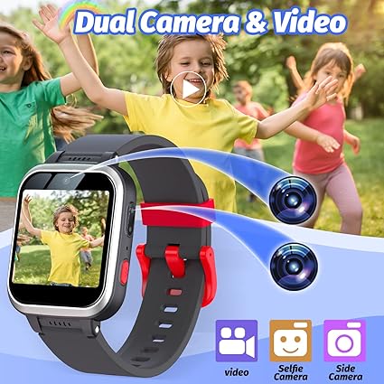 smart watch is equipped with dual cameras (selfie camera and side view camera) to take photos and video. HD Touch Screen Camera Video Music Player Pedometer Alarm Clock Flashlight Fashion Kids Smartwatch