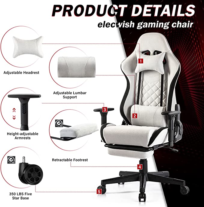 Chair Gaming Seat Lumbar Support w/Footrest Headrest white