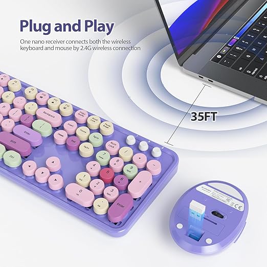 keyboard is compatible with a range of computer systems, including Windows XP/7/8/10/11 and MacOS, 2.4GHz USB Wireless Connection Retro Keyboard with Numeric Keypad and Optical Mice Set Colorful Keyboard