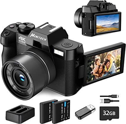 Monitech Digital Cameras for Photography, 4K 48MP Vlogging Camera for YouTube and Video, with 180° Flip Screen,16X Digital Zoom, 2 Batteries, 32GB TF Card