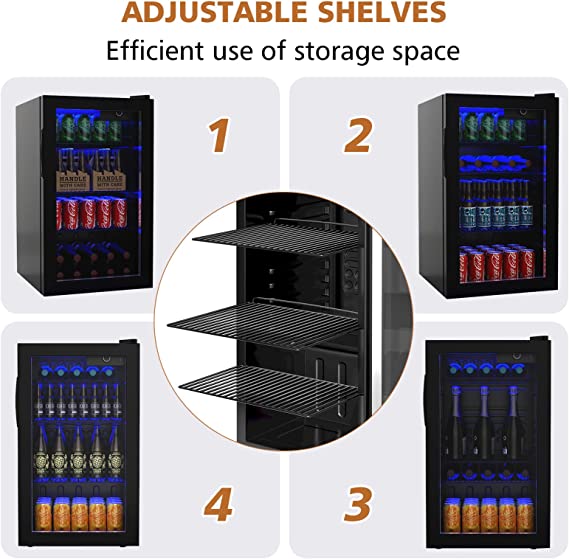 120-Can Mini Fridge 3.2 Cu.Ft Beverage Center for Beer Pop Soda w/Glass Door & Adjustable Shelving, Blue LED Light,