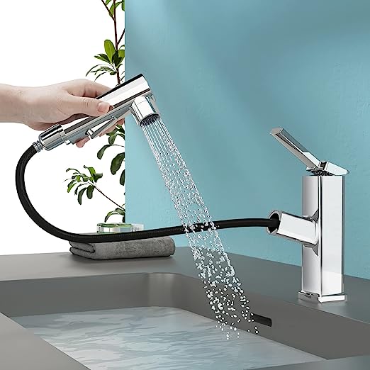 Single Hole Bathroom Faucet, Fountain Bathroom Faucets with Sprayer, Single Handle Pull Out Bathroom Sink Faucet with 3 Water Flow Modes (Chrome, Regular)