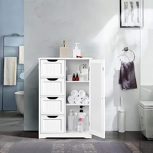 Bathroom Floor Cabinet with Doors, Standing Medicine Cabinet Cupboard with Adjustable Storage Shelf for Living Room, Entryway, Study, White, Wood  with 4 Drawers and 1 Cupboard