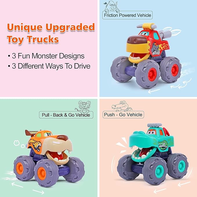 Monster Truck Car Toys for 1 2 Year Old Boy Toys, Inertia Car Baby Toys 12-18 Months Pull Back Cars Toddler Toys