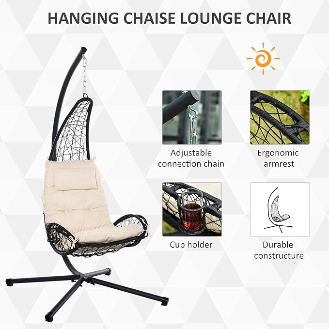 Heavy duty powder coated steel base with 4 legs which are capped with rubber feet, Egg Chair with Stand, Hammock Swing Chair with Cushion and Pillow