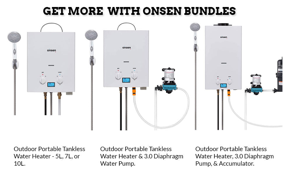 Onsen - 5L Portable Tankless Propane Water Heater - Dual Ignition System - Instant Hot Water - for Camping & Outdoor Use Only - with LED Screen, Premium Shower Head, & 12-Volt Alligator Clips