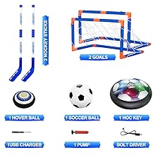 Hover soccer ball comes with a USB cable, it works 30-40 minutes after fully charged. Hover hockey is powered by 3 AA batteries. The cover is locked well, would not fall off while you kicking it. Hover Hockey Soccer Ball Bowling Set