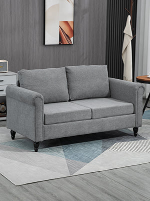 Crafted with solid eucalyptus wood and a metal frame supported by rubberwood legs,2 Seater Sofa with Rolled Arms, Gourd-Shaped Rubber Wood Legs