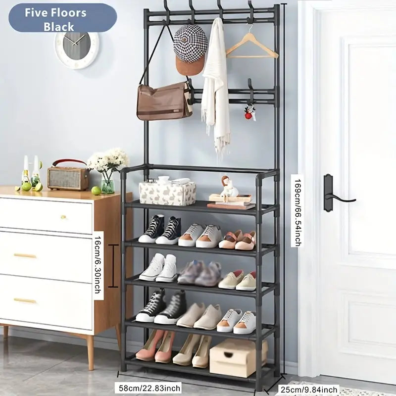 Simple Assembled Multi-layer Storage Rack, Shoes Organizer Shelf With Clothes Coat Hat Bag Key Hanging Rack, For Home Room Entrance Living Room